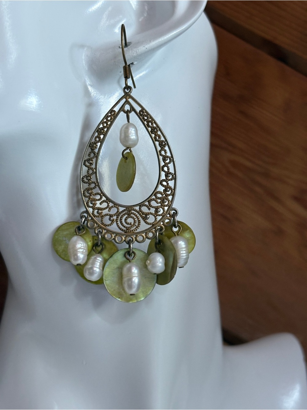 Gold Filigree Teardrop Earrings with Green Shell Discs and Faux Pearls